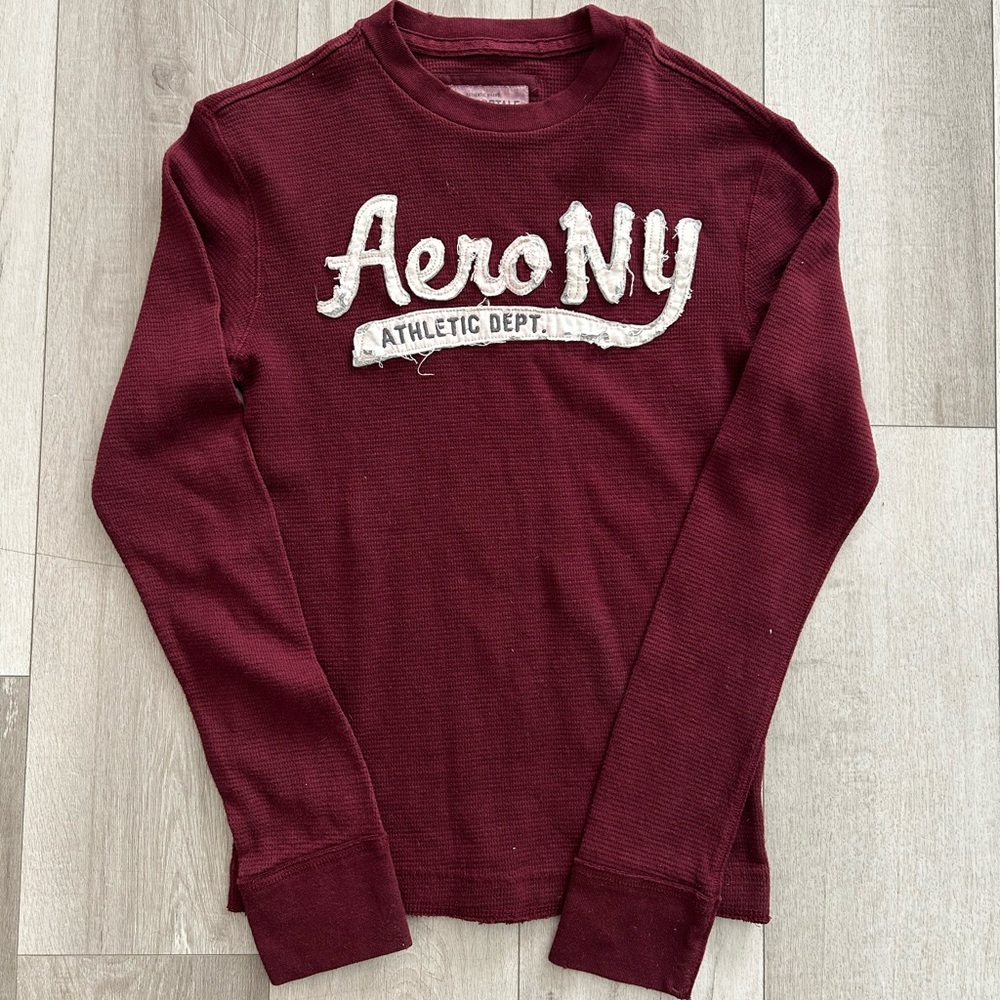 Y2K Aeropostale Waffle Knit Sweater Burgundy Size Small 100% Cotton Pit